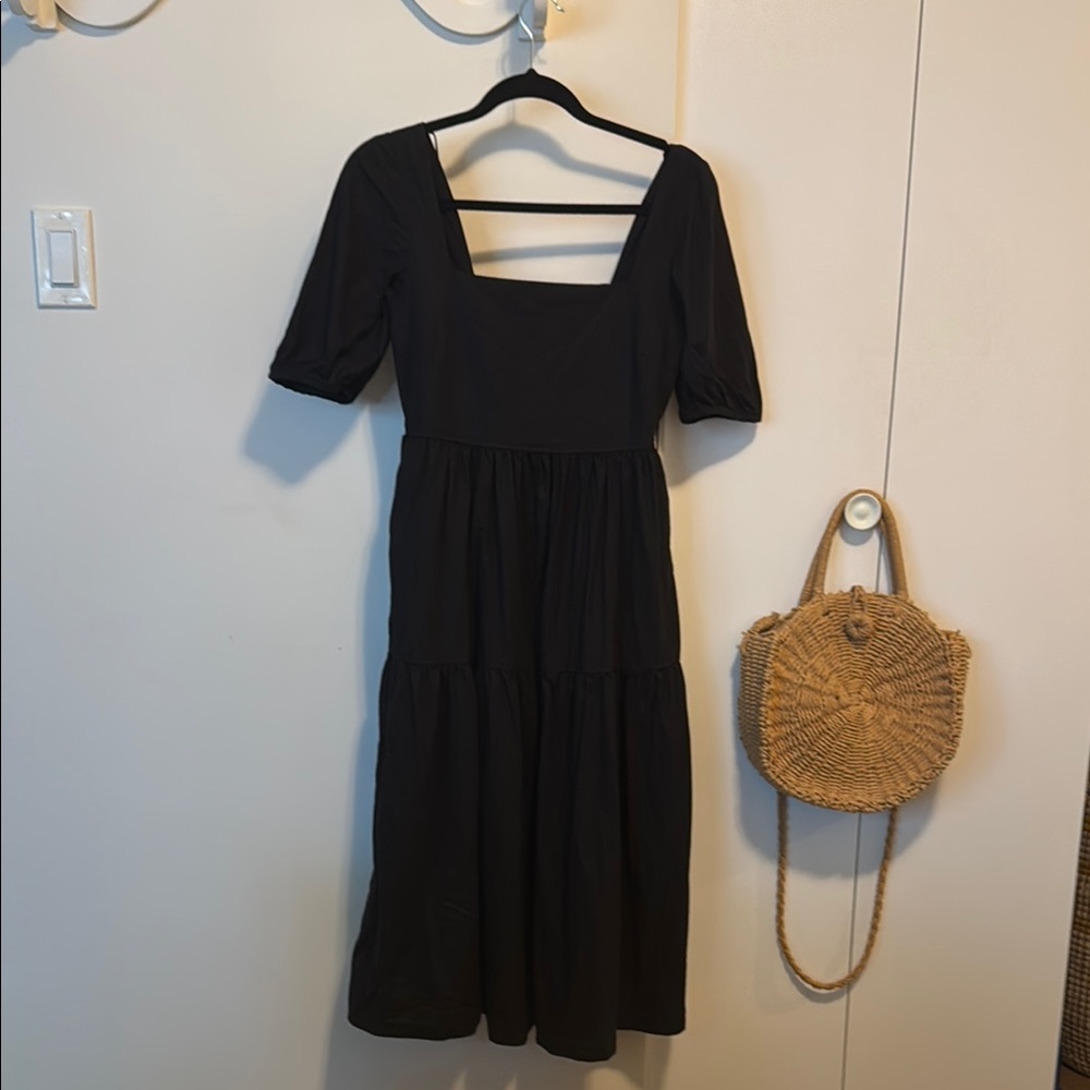 Black Square Neck Tiered Midi Dress - Classic Women's Dress